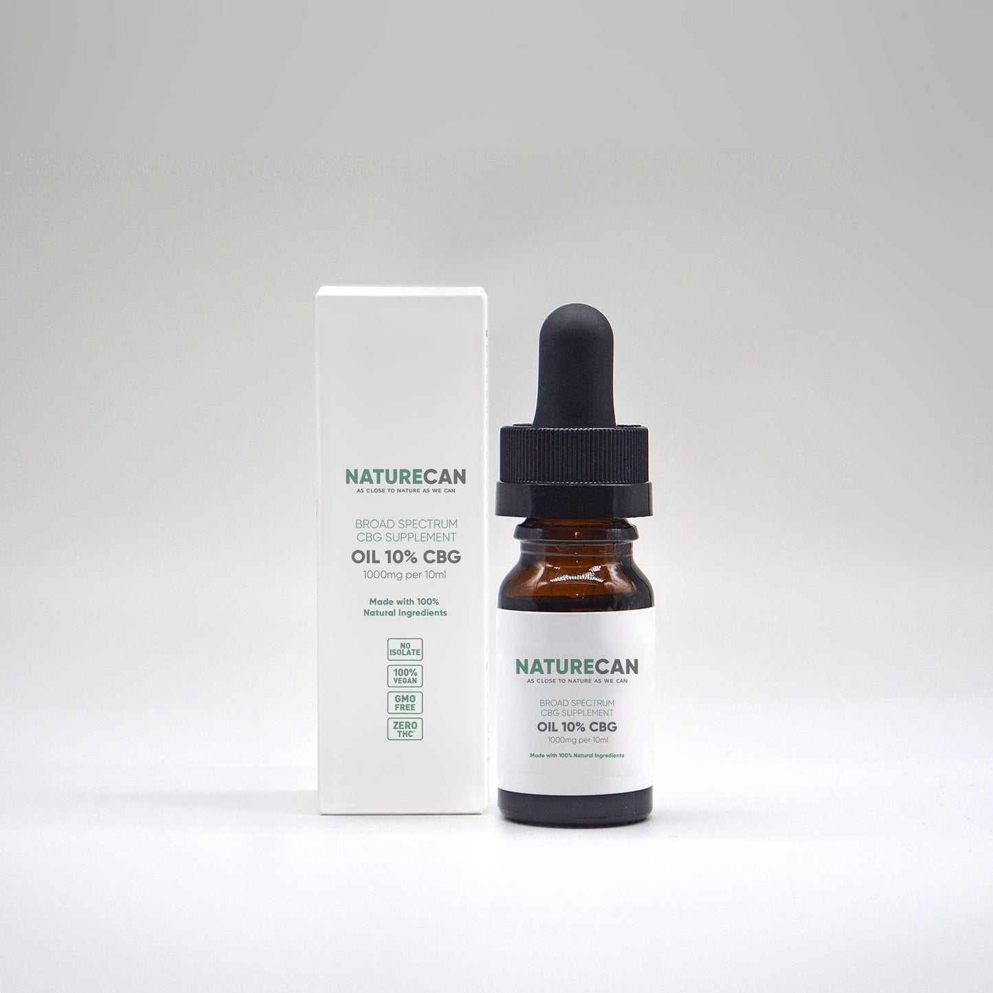 Bottle of 10% CBG oil next to packaging