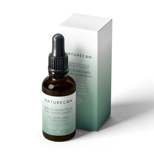 Bottle of 20% CBD Oil next to packaging