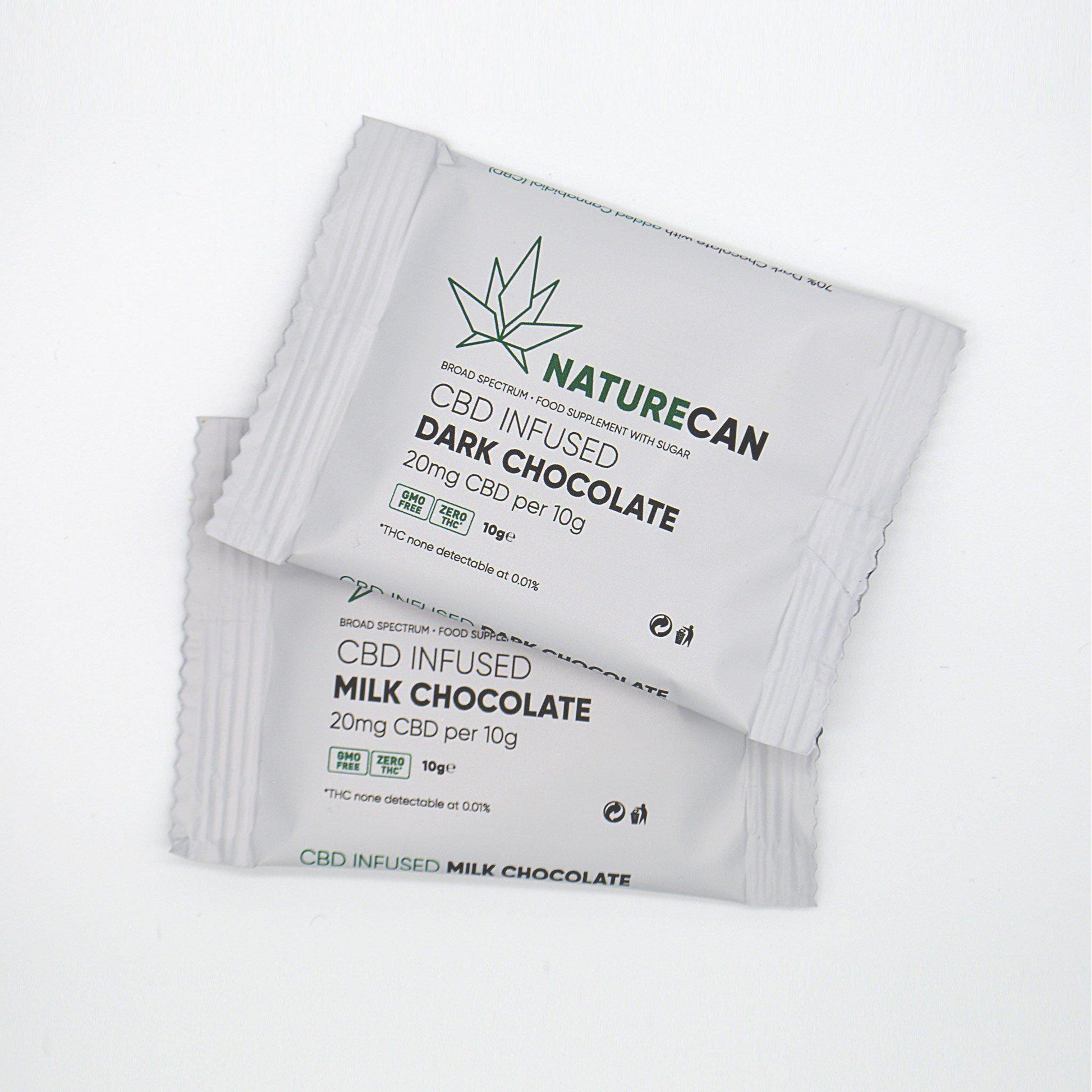 Two bars of CBD chocolate in packets